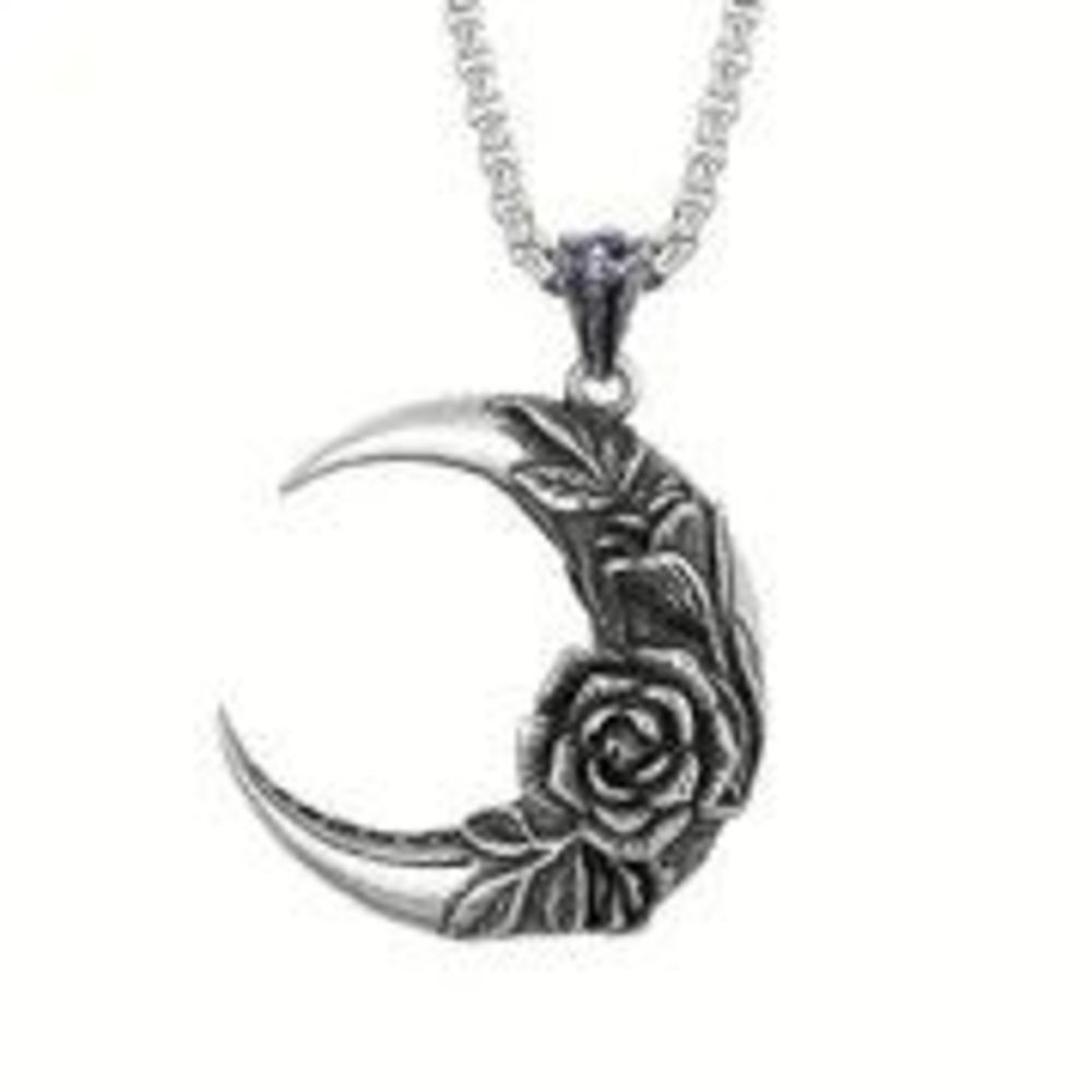 Stainless Steel Gothic Punk Flower Rose Crescent Moon Pendant Necklace